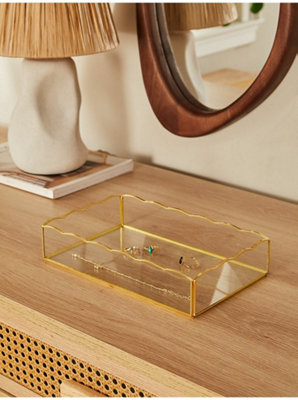 Biznest Rectangle Serving Tray Clear Glass Golden Scalloped Metal Wavy Frame Jewelery & Cosmetic Organisation Thin Border 25X15 Cm from B&Q