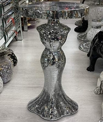 B&Q -  Silver Full Mirrored Body Italian Lady Base Glass Mosaic End Table Round Crystal Effect Plant Stand Romany Pearl 63X33 Cm
