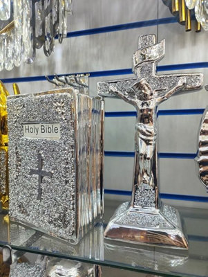 Biznest Set Of 2 Silver Crystal Crushed Jewel Diamond Holy Bible Book &  Crucifix Ornament Christian Display Decor from B&Q