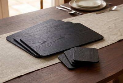 Biznest Set Of 4 Placemats & 4 Coasters Wood Veneer Rectangular Black Dining Table Linens Setting Mats Plain Design 29 X 21.5 Cm from B&Q