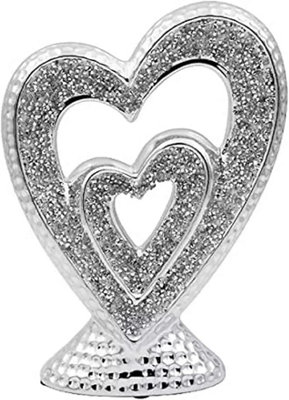 Biznest Silver Sparkle Crushed Jewel Loose Diamond Double Heart Sculpture Shelf Sitter Ornament Crystal Gift Home Décor 23X17X6 Cm from B&Q