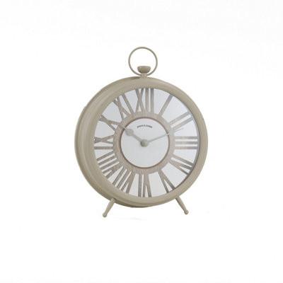 Biznest Round Greige Mantel Time Clock Analog Display Traditional Pocket Watch Style Battery Powered Neutral Tone Metal 30X24X7 Cm