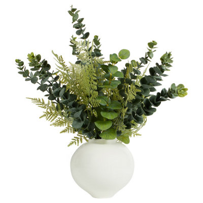 Biznest Artificial Eucalyptus Arrangement White Ceramic Potted Green Mixed Foliage Ferns Homeoffice Décor Natural Plant 48X17X15Cm from B&Q