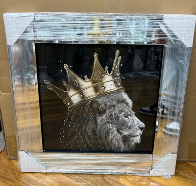 Biznest 3D Liquid Glitter Artwork In Mirrored Frame Lion Royal Family Golden Crown Diamante Wall Decor 55 Cm ( 1X King ) from B&Q