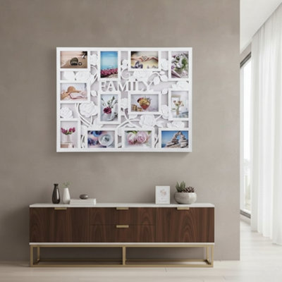 Biznest Multi Aperture Rose Floral Entwined White Photo Frame Wall Mount 'family' Text 12 Picture 6X4'' Collage Plastic 69X55X2 Cm from B&Q