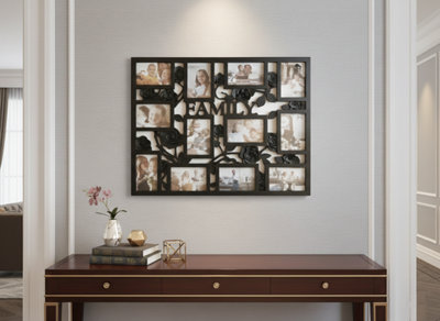 Biznest Multi Aperture Rose Floral Entwined Photo Frame Wall Mount 'family' Text 12 Picture 6X4'' Collage Plastic Black 69X55X2 Cm from B&Q
