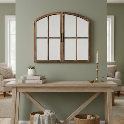 Biznest Double Door Arched Window Wall Mounted Mirror Black Brushed Gold Glass Panels Rustic Farmhouse Home Decor Idea 72X65Cm from B&Q