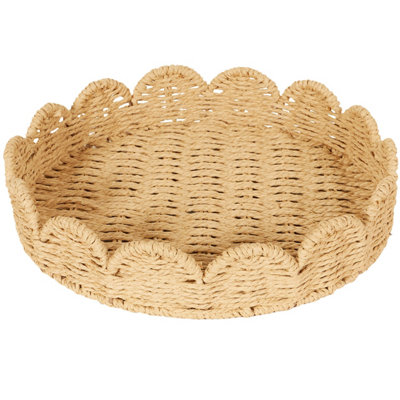 Biznest Circular Scalloped Edges Design Seagrass Serving Tray Brown Home Déco Trinket Vanity Display Cosmetic Holder Rustic 35X7Cm from B&Q