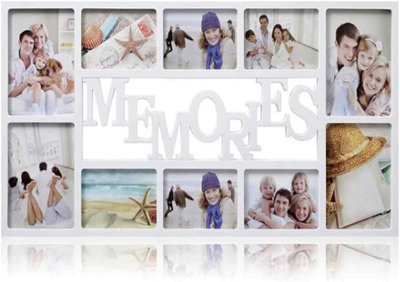 Biznest 10 Multi-Aperture Photo Frame 'memories' Text Rectangle Wall Mount Picture Display 6X4' &  7X5' Gift Idea White 71X36X3 Cm from B&Q