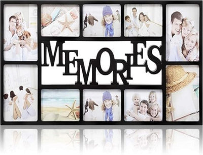 Biznest 10 Multi-Aperture Photo Frame 'memories' Text Rectangle Wall Mounted Collage Picture Display 6X4'' & 7X5'' Black 71X36X3Cm from B&Q