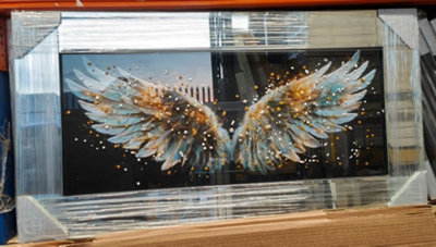 Biznest Angel Wings Glass Picture Liquid White Gold Wall Art Hung Rectangular Mirrored Frame 3D Glitter Art Deco Style 85 X 45 Cm from B&Q