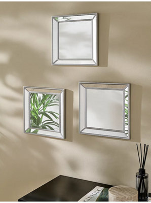 B&Q -  Pack Of 3 Square Shape Silver Beaded Mirror Plastic Frame Home Decor Idea Elegant Look 30Cm Dia.