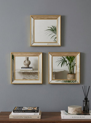 B&Q -  Pack Of 3 Square Shape Gold Beaded Mirror Plastic Frame Home Decor Idea Elegant Look 30Cm Dia.