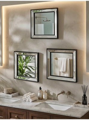 B&Q -  Pack Of 3 Square Shape Black Beaded Mirror Plastic Frame Home Decor Idea Elegant Look 30Cm Dia.