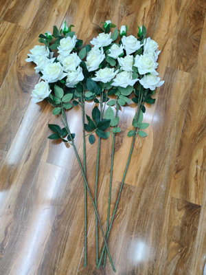 Biznest 5Pc Artificial Rose Cream Flower Bunch Stem Branch (5 Heads) Green Leaves For Wedding Centrepieces Floral Home Arrangement