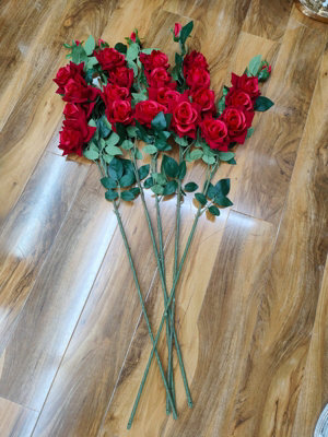 Biznest 5Pcs Artificial Red Rose Flower Bunch Faux Stem Branch (5 Heads) Green Leaves Wedding Centerpieces Floral Arrangement Home