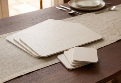 Biznest Large Set Of 4 Cream Placemats & 4 Coasters Wooden Veneer Rectangular Dining Table Linens Setting Mats Home Decor 21X29Cm from B&Q
