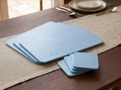 Biznest Set Of 4 Placemats & 4 Coasters Wooden Veneer Sky Blue Rectangular Dining Table Linen Setting Mats Home Decoration 21X29Cm from B&Q