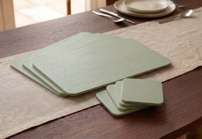 Biznest Large Green Set Of 4 Placemats & 4 Coasters Wooden Veneer Rectangular Dining Table Linens Setting Mats Home Decor 21X29Cm from B&Q