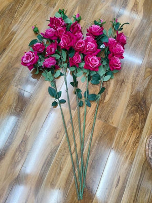 Biznest 5Pc Artificial Rose Flower Dark Pink Bunch Faux Stem Branch (5 Heads) Green Leaves Wedding Centerpieces Floral Arrangement