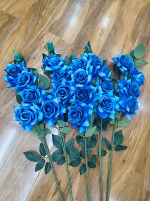 Biznest 5Pc Artificial Blue Rose Flower Bunch Faux Stem Branch (5 Heads) Green Leaves For Wedding Centerpieces Floral Arrangement