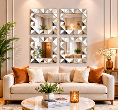 B&Q -  Set Of 4 Square Framed 3D Home Art Décoration Style Wall Hanging Mirror Geometric Pattern Gift Idea 40Cm Diameters