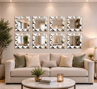 B&Q -  Set Of 8 Square Framed 3D Home Art Décoration Style Wall Hanging Mirror Geometric Pattern Gift Idea 40Cm Diameters