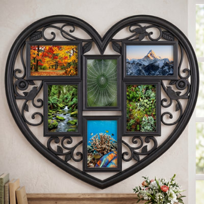 B&Q -  Distressed Heart-Shaped 6 Multi Aperture Collage Wall Mounted Photo Frame Shabby Chic Plastic Vintage Black Decor 58X52Cm