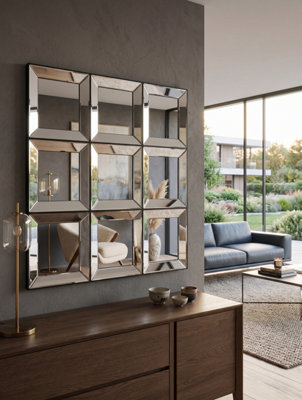 B&Q -  Set Of 9 Black Contemporary Square Wall Mounted Mirror Bevelled Edges Design Plastic Frame Home Décoration Gift Idea 25Cm