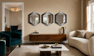 B&Q -  Set Of 3 Hexagonal Shaped Wall Mounted Mirror Gold Plastic Frame Mirrored Geometric Surface Home Decor Gift Idea 30X30Cm