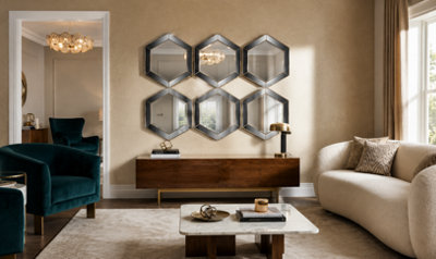 B&Q -  Set Of 6 Hexagonal Shaped Wall Mounted Mirror Gold Plastic Geometrical Frame Mirrored Surface Home Decor Gift Idea 30X30Cm