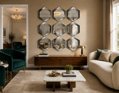 B&Q -  Set Of 9 Hexagonal Shaped Wall Mounted Mirror Gold Plastic Geometrical Frame Mirrored Surface Home Decor Gift Idea 30X30Cm
