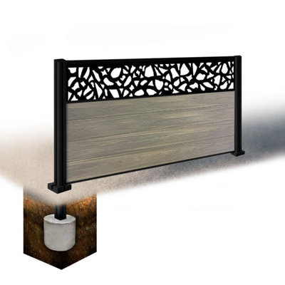 Easycomposite 3Ft Composite Fence Panel & Aluminium Post Sunken In GroundGreige Boards & Pebble Topper Trellis