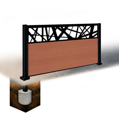 Easycomposite 3Ft Composite Fence Panel & Aluminium Post Sunken In GroundTeak Boards & Laser Topper Trellis
