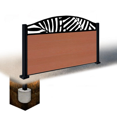 Easycomposite 3Ft Composite Fence Panel & Aluminium Post Sunken In GroundTeak Boards & Leafy Curved Topper Trellis