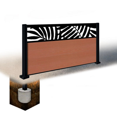 Easycomposite 3Ft Composite Fence Panel & Aluminium Post Sunken In GroundTeak Boards & Leafy Topper Trellis