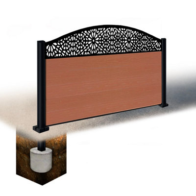 Easycomposite 3Ft Composite Fence Panel & Aluminium Post Sunken In GroundTeak Boards & Morocco Curved Topper Trellis