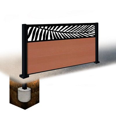 Easycomposite 3Ft Composite Fence Panel & Aluminium Post Sunken In GroundTeak Boards & Palm Topper Trellis