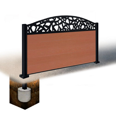 Easycomposite 3Ft Composite Fence Panel & Aluminium Post Sunken In GroundTeak Boards & Pebble Curved Topper Trellis