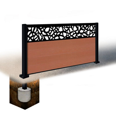 Easycomposite 3Ft Composite Fence Panel & Aluminium Post Sunken In GroundTeak Boards & Pebble Topper Trellis