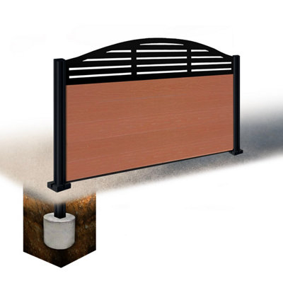 Easycomposite 3Ft Composite Fence Panel & Aluminium Post Sunken In GroundTeak Boards & Slat Curved Topper Trellis