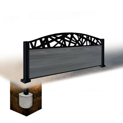 Easycomposite 2Ft Composite Fence Panel & Aluminium Post Sunken In GroundAnthracite Boards & Laser Curved Topper Trellis