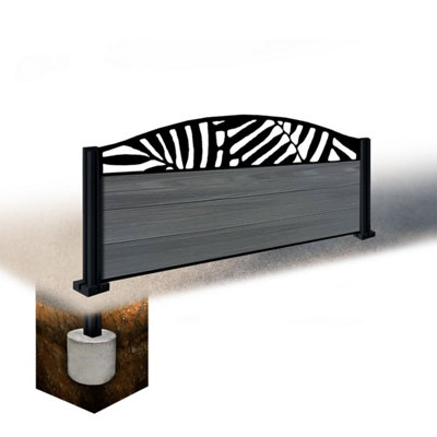 Easycomposite 2Ft Composite Fence Panel & Aluminium Post Sunken In GroundAnthracite Boards & Leafy Curved Topper Trellis
