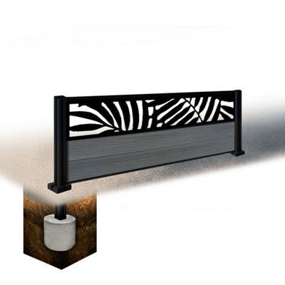 Easycomposite 2Ft Composite Fence Panel & Aluminium Post Sunken In GroundAnthracite Boards & Leafy Topper Trellis