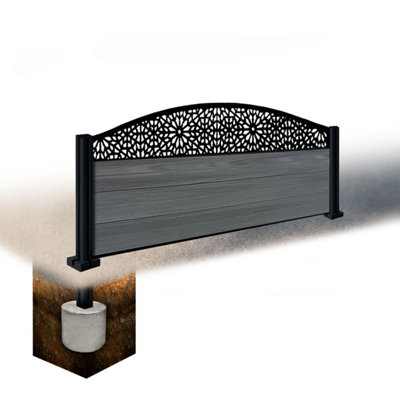 Easycomposite 2Ft Composite Fence Panel & Aluminium Post Sunken In GroundAnthracite Boards & Morocco Curved Topper Trellis