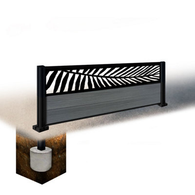 Easycomposite 2Ft Composite Fence Panel & Aluminium Post Sunken In GroundAnthracite Boards & Palm Topper Trellis