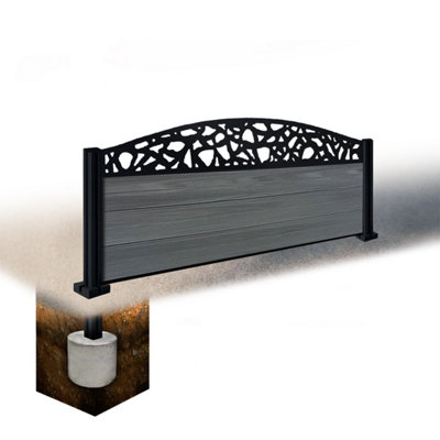 Easycomposite 2Ft Composite Fence Panel & Aluminium Post Sunken In GroundAnthracite Boards & Pebble Curved Topper Trellis