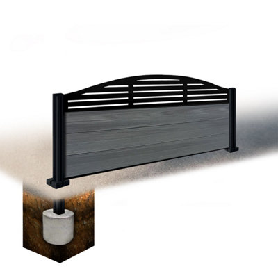 Easycomposite 2Ft Composite Fence Panel & Aluminium Post Sunken In GroundAnthracite Boards & Slat Curved Topper Trellis