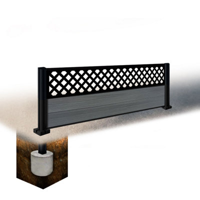 Easycomposite 2Ft Composite Fence Panel & Aluminium Post Sunken In GroundAnthracite Boards & Wave Topper Trellis