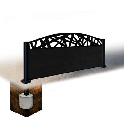 Easycomposite 2Ft Composite Fence Panel & Aluminium Post Sunken In GroundBlack Boards & Laser Curved Topper Trellis